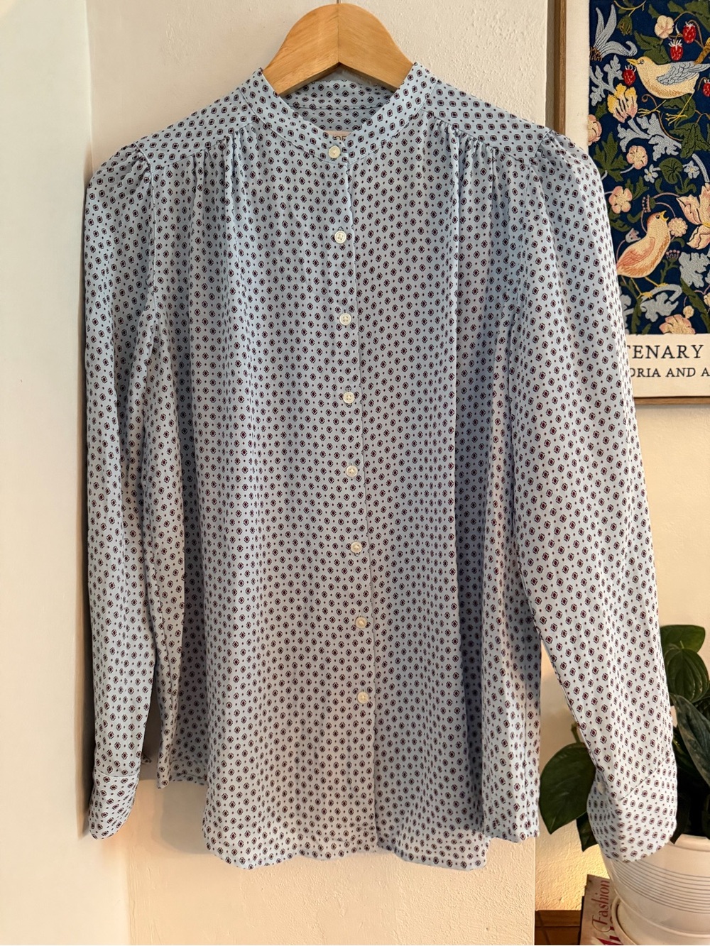 LOFT Petites Geometric Diamond Print Blouse | Light Blue & Burgundy | Long Sleev